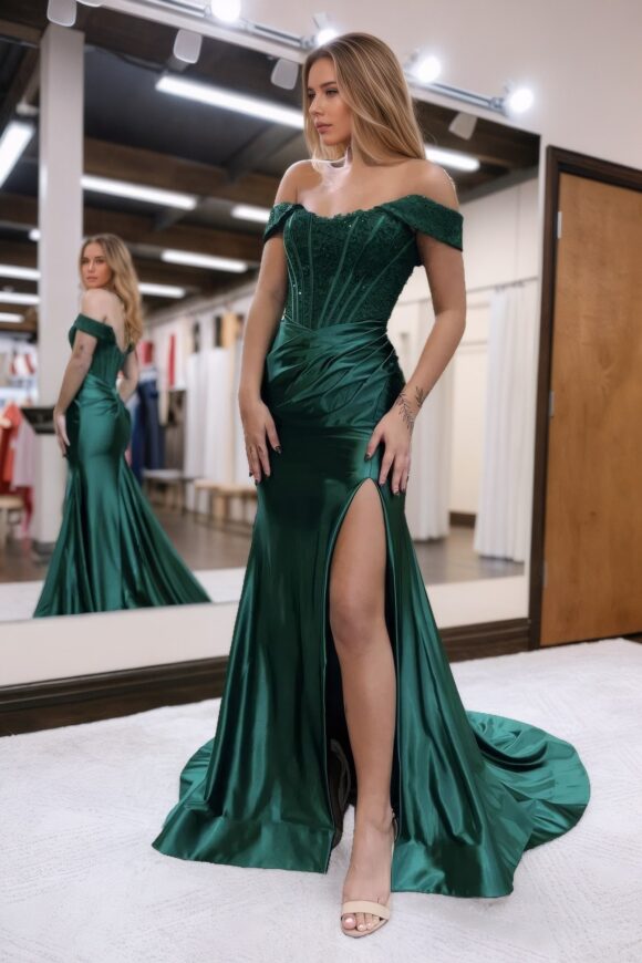 Trumpet/Mermaid Elastic Woven Satin Ruched Off-the-Shoulder Prom Dresses Sleeveless Long Green Evening Gowns-0 Trumpet/Mermaid Elastic Woven Satin Ruched Off-the-Shoulder Prom Dresses Sleeveless Long Green Evening Gowns-0
