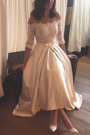 A-line/Princess Off-the-Shoulder Half Sleeve Asymmetrical Satin Wedding Dress With Lace-0