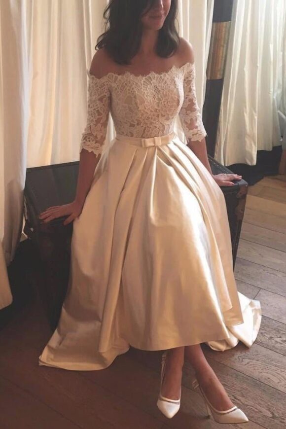 A-line/Princess Off-the-Shoulder Half Sleeve Asymmetrical Satin Wedding Dress With Lace-0 A-line/Princess Off-the-Shoulder Half Sleeve Asymmetrical Satin Wedding Dress With Lace-0