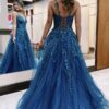 A-Line/Princess Sleeveless V-neck Long Applique Tulle Prom Dresses