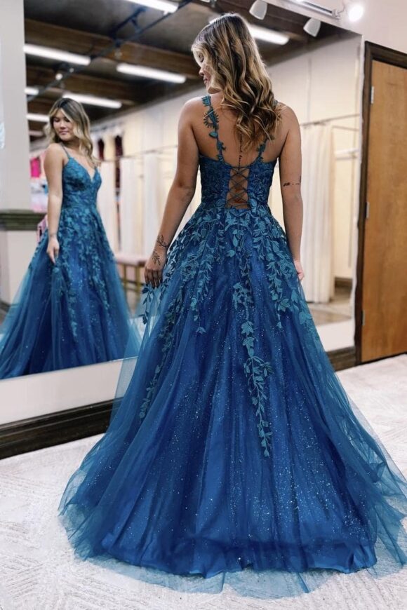 A-Line/Princess Sleeveless V-neck Long Applique Tulle Prom Dresses A-Line/Princess Sleeveless V-neck Long Applique Tulle Prom Dresses