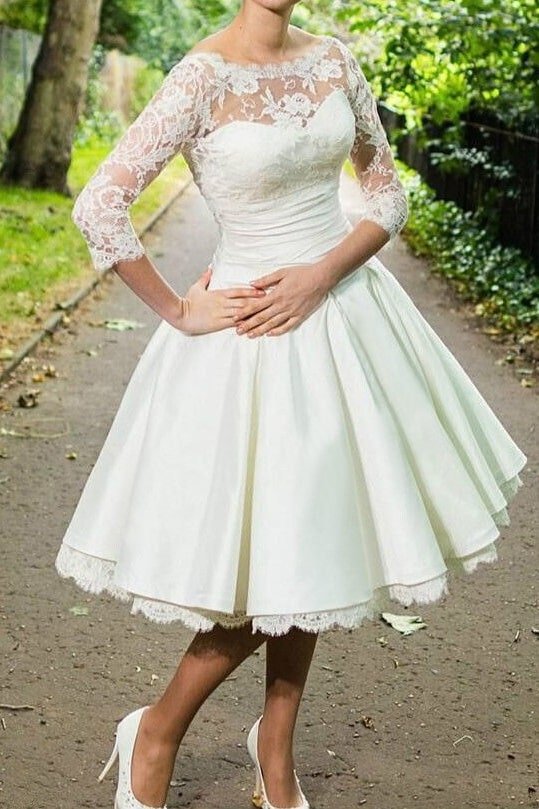 A-Line/Princess Stretch Crepe Lace Scoop 3/4 Sleeves Knee-Length Wedding Dresses-0 A-Line/Princess Stretch Crepe Lace Scoop 3/4 Sleeves Knee-Length Wedding Dresses-0