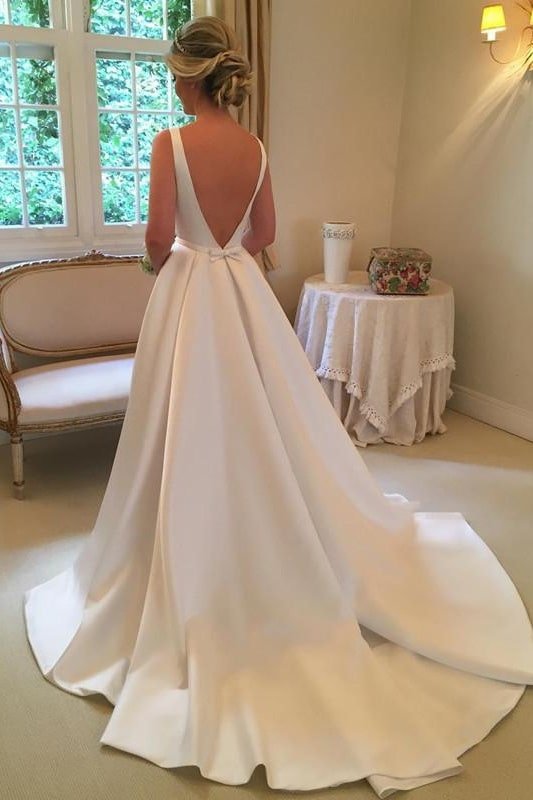 A-line/Princess Bateau Sleeveless Court Train Satin Wedding Dress With Waistband Bowknot-744 A-line/Princess Bateau Sleeveless Court Train Satin Wedding Dress With Waistband Bowknot-744