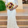 Lace Wedding Dress Sheath/Column Bateau Sweep Train With Pleated-0