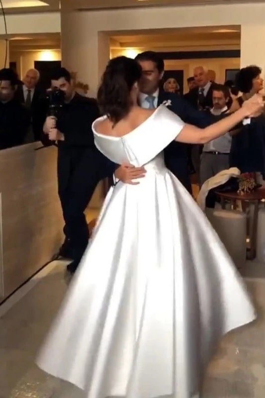 Satin Wedding Dress A-line/Princess Off-the-Shoulder Sleeveless Asymmetrical With Pleated-748 Satin Wedding Dress A-line/Princess Off-the-Shoulder Sleeveless Asymmetrical With Pleated-748