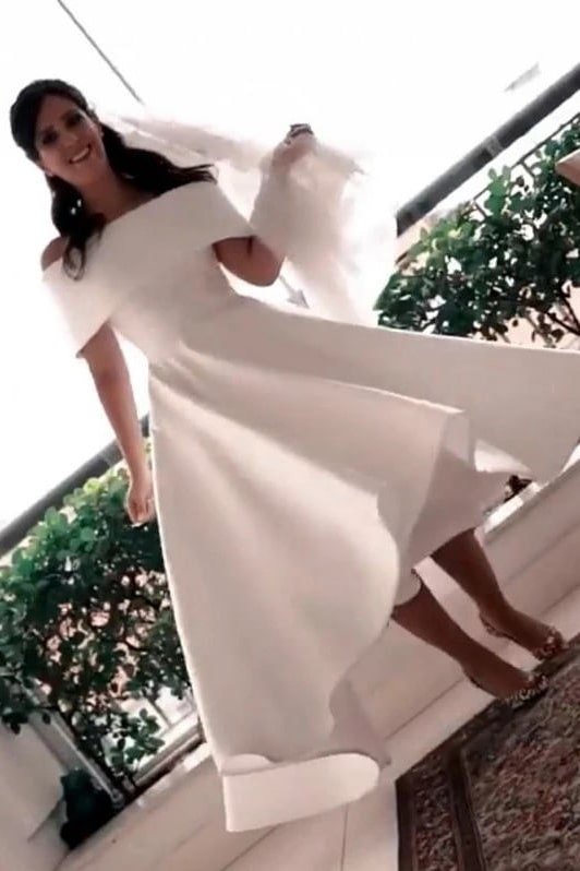 Satin Wedding Dress A-line/Princess Off-the-Shoulder Sleeveless Asymmetrical With Pleated-749 Satin Wedding Dress A-line/Princess Off-the-Shoulder Sleeveless Asymmetrical With Pleated-749