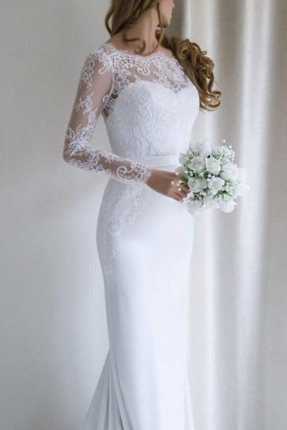 Lace Wedding Dress Sheath/Column Bateau Court Train-751 Lace Wedding Dress Sheath/Column Bateau Court Train-751