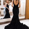 Trumpet/Mermaid Velvet Sequins Ruffles V-neck Sleeveless Sweep/Brush Train Prom Dresses