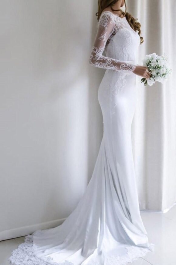 Lace Wedding Dress Sheath/Column Bateau Court Train-752 Lace Wedding Dress Sheath/Column Bateau Court Train-752