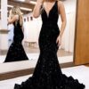 Trumpet/Mermaid Velvet Sequins Ruffles V-neck Sleeveless Sweep/Brush Train Prom Dresses