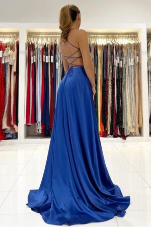 A-line V Neck Sleeveless Charmeuse Sweep Train Prom Dress With Split-437