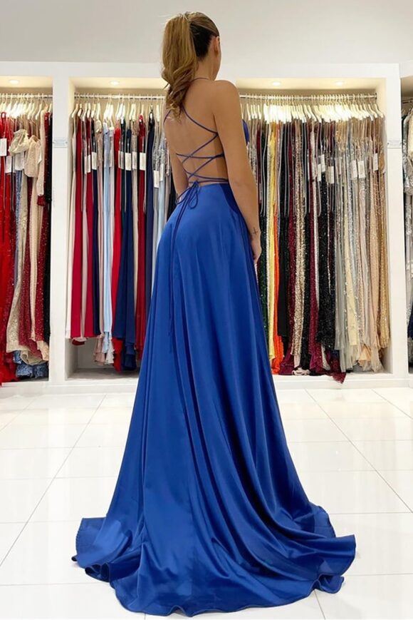 A-line V Neck Sleeveless Charmeuse Sweep Train Prom Dress With Split-437 A-line V Neck Sleeveless Charmeuse Sweep Train Prom Dress With Split-437