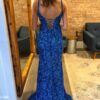 Sheath/Column Royal Blue Velvet Sequins Sleeveless Split Prom Dresses Long Formal Ball Gown