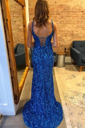 Sheath/Column Royal Blue Velvet Sequins Sleeveless Split Prom Dresses Long Formal Ball Gown
