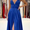 A-line V Neck Sleeveless Charmeuse Sweep Train Prom Dress With Split-438