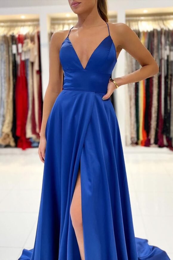 A-line V Neck Sleeveless Charmeuse Sweep Train Prom Dress With Split-438 A-line V Neck Sleeveless Charmeuse Sweep Train Prom Dress With Split-438