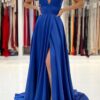 A-line V Neck Sleeveless Charmeuse Sweep Train Prom Dress With Split-0