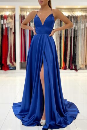 A-line V Neck Sleeveless Charmeuse Sweep Train Prom Dress With Split-0