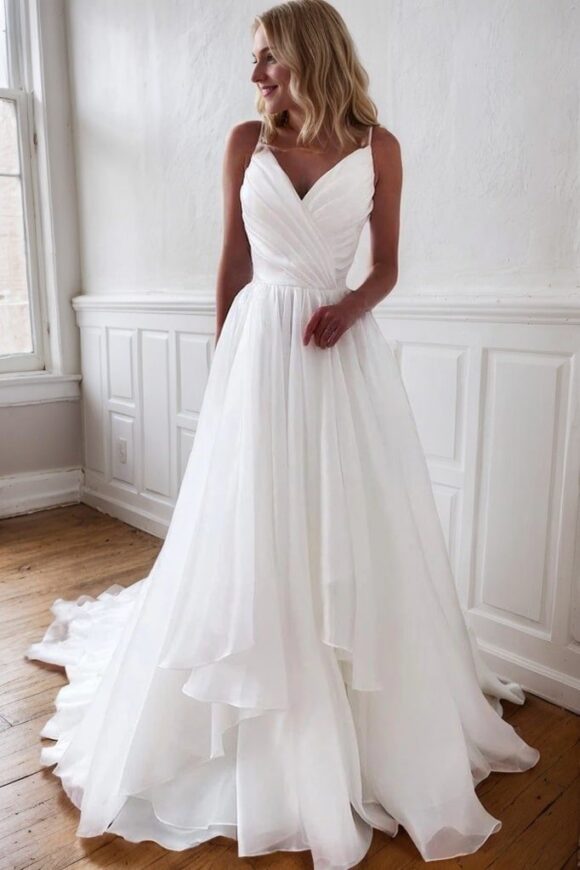 A-Line/Princess Organza Ruffles V-neck Sleeveless Court Train Wedding Dresses-0 A-Line/Princess Organza Ruffles V-neck Sleeveless Court Train Wedding Dresses-0
