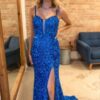 Sheath/Column Royal Blue Velvet Sequins Sleeveless Split Prom Dresses Long Formal Ball Gown