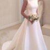 Satin Court Train A-Line/Princess Sleeveless Bateau Zipper Wedding Dress With Bowknot-0