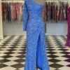 Sheath/Column Velvet Sequins One-Shoulder Long Sleeves Prom Dresses Long Blue Formal Evening Gowns