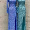 Sheath/Column Velvet Sequins One-Shoulder Long Sleeves Prom Dresses Long Blue Formal Evening Gowns