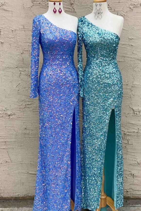 Sheath/Column Velvet Sequins One-Shoulder Long Sleeves Prom Dresses Long Blue Formal Evening Gowns Sheath/Column Velvet Sequins One-Shoulder Long Sleeves Prom Dresses Long Blue Formal Evening Gowns