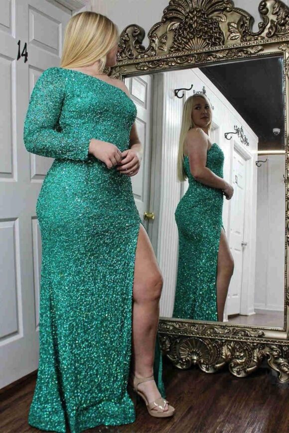Sheath/Column Velvet Sequins One-Shoulder Long Sleeves Prom Dresses Long Blue Formal Evening Gowns Sheath/Column Velvet Sequins One-Shoulder Long Sleeves Prom Dresses Long Blue Formal Evening Gowns