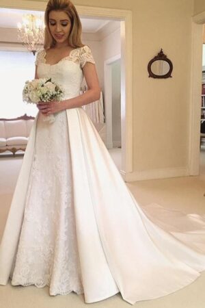 Lace Satin Wedding Dress A-line/Princess V Neck Short Sleeve Detachable/Knock-down With Bowknot-0