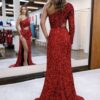 Sheath/Column Velvet Sequins One-Shoulder Long Sleeves Prom Dresses Long Red Formal Evening Gowns