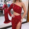 Sheath/Column Velvet Sequins One-Shoulder Long Sleeves Prom Dresses Long Red Formal Evening Gowns