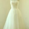 A-line/Princess Bateau Sleeveless Tea-Length Organza Wedding Dress With Lace-761