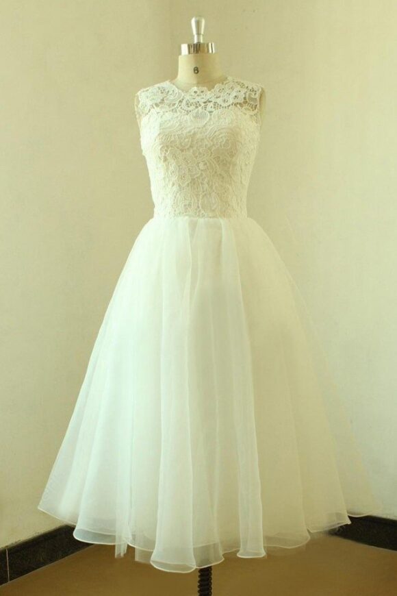 A-line/Princess Bateau Sleeveless Tea-Length Organza Wedding Dress With Lace-761 A-line/Princess Bateau Sleeveless Tea-Length Organza Wedding Dress With Lace-761