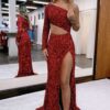 Sheath/Column Velvet Sequins One-Shoulder Long Sleeves Prom Dresses Long Red Formal Evening Gowns