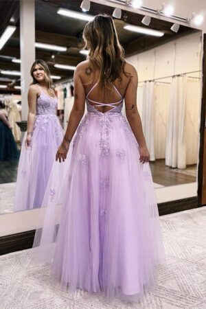 A-Line/Princess Tulle Applique Prom Dresses V-neck Sleeveless Floor-Length Formal Evening Gowns-524