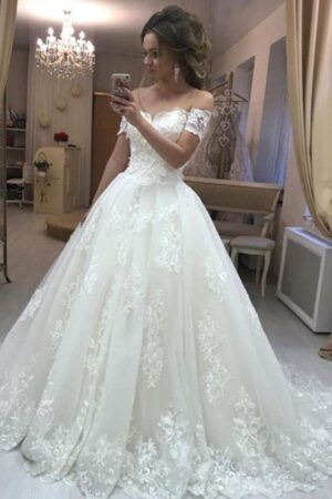 Ball Gown Off-the-Shoulder Short Sleeve Court Train Tulle Wedding Dress With Appliqued-0