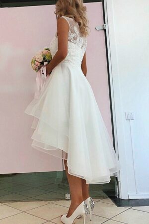 A-line Sleeveless Asymmetrical Tulle Wedding Dress With Lace-765