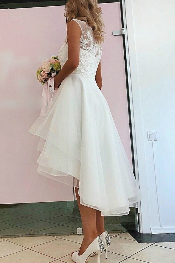 A-line Sleeveless Asymmetrical Tulle Wedding Dress With Lace-765 A-line Sleeveless Asymmetrical Tulle Wedding Dress With Lace-765