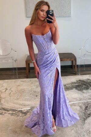 Sheath/Column Off the Shoulder Sleeveless Prom Dresses Long Lace Formal Evening Gowns