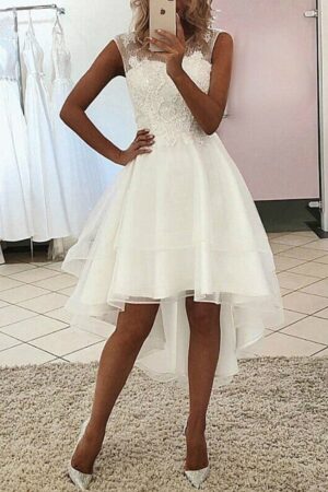 A-line Sleeveless Asymmetrical Tulle Wedding Dress With Lace-0