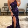 Sheath/Column Velvet Sequins One-Shoulder Sleeveless Sweep/Brush Train Prom Dresses
