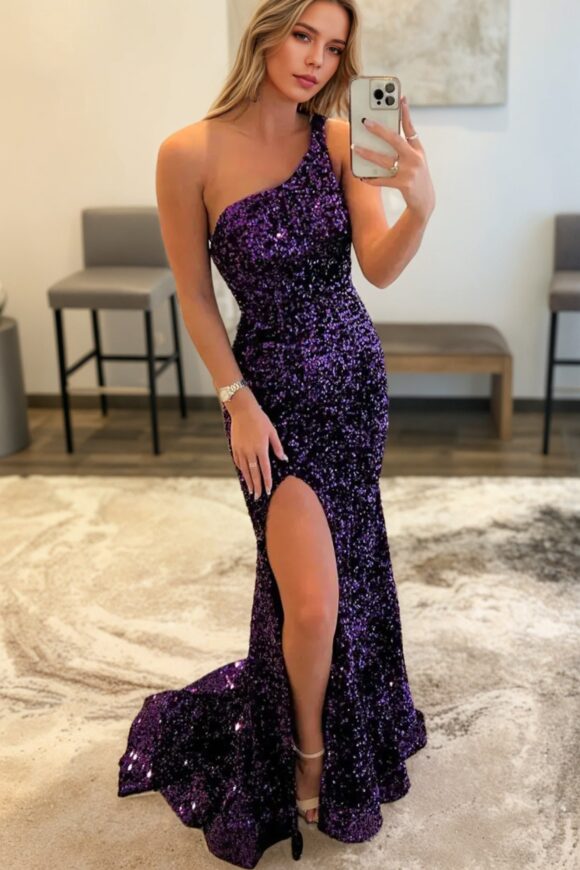 Sheath/Column Velvet Sequins One-Shoulder Sleeveless Sweep/Brush Train Prom Dresses Sheath/Column Velvet Sequins One-Shoulder Sleeveless Sweep/Brush Train Prom Dresses