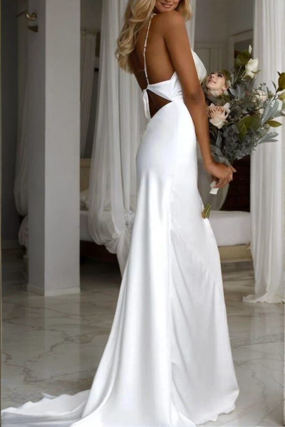 Sheath/Column NS Elastic Woven Satin Ruched Spaghetti Straps Sweep/Brush Train Sleeveless Wedding Dresses-658 Sheath/Column NS Elastic Woven Satin Ruched Spaghetti Straps Sweep/Brush Train Sleeveless Wedding Dresses-658