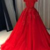 Ball Gown Off-the-Shoulder Sleeveless Court Train Tulle Red Prom Dresses With Pleated Appliqued-800