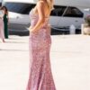 Sheath/Column Pink Velvet Sequins Sleeveless Split Prom Dresses Long Formal Ball Gown