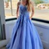 A-Line/Princess Tulle Halter Sleeveless Long Prom Dress Lavender Pocket Prom Gown-0
