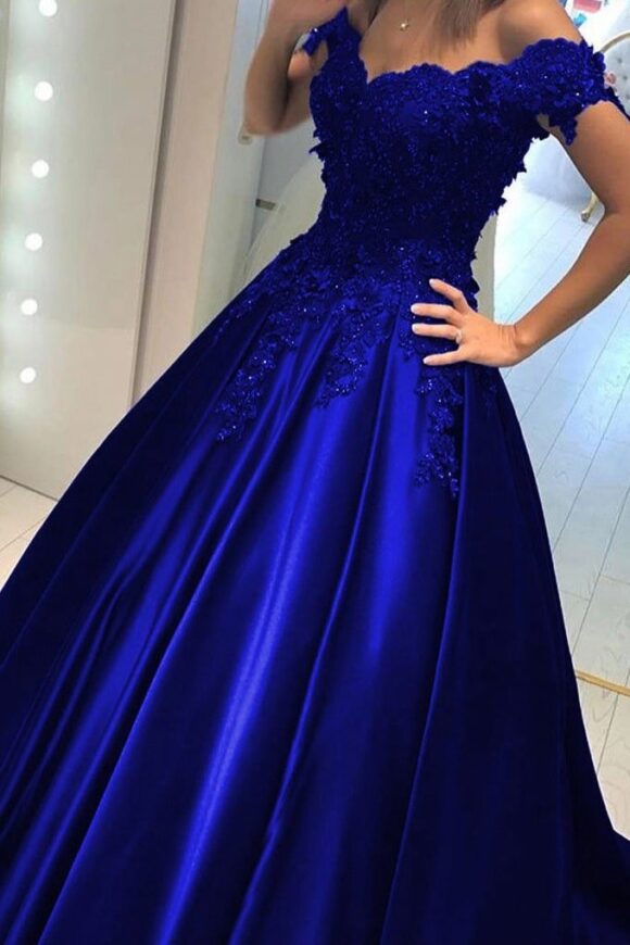 Appliqued Off-The-Shoulder Satin Princess Prom Dresses With Beads-441 Appliqued Off-The-Shoulder Satin Princess Prom Dresses With Beads-441