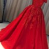 Ball Gown Off-the-Shoulder Sleeveless Court Train Tulle Red Prom Dresses With Pleated Appliqued-801