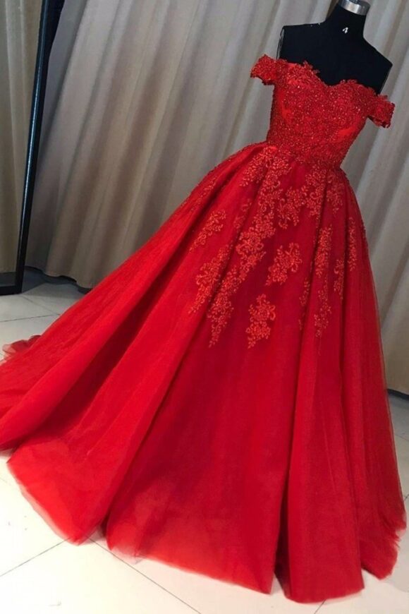 Ball Gown Off-the-Shoulder Sleeveless Court Train Tulle Red Prom Dresses With Pleated Appliqued-801 Ball Gown Off-the-Shoulder Sleeveless Court Train Tulle Red Prom Dresses With Pleated Appliqued-801